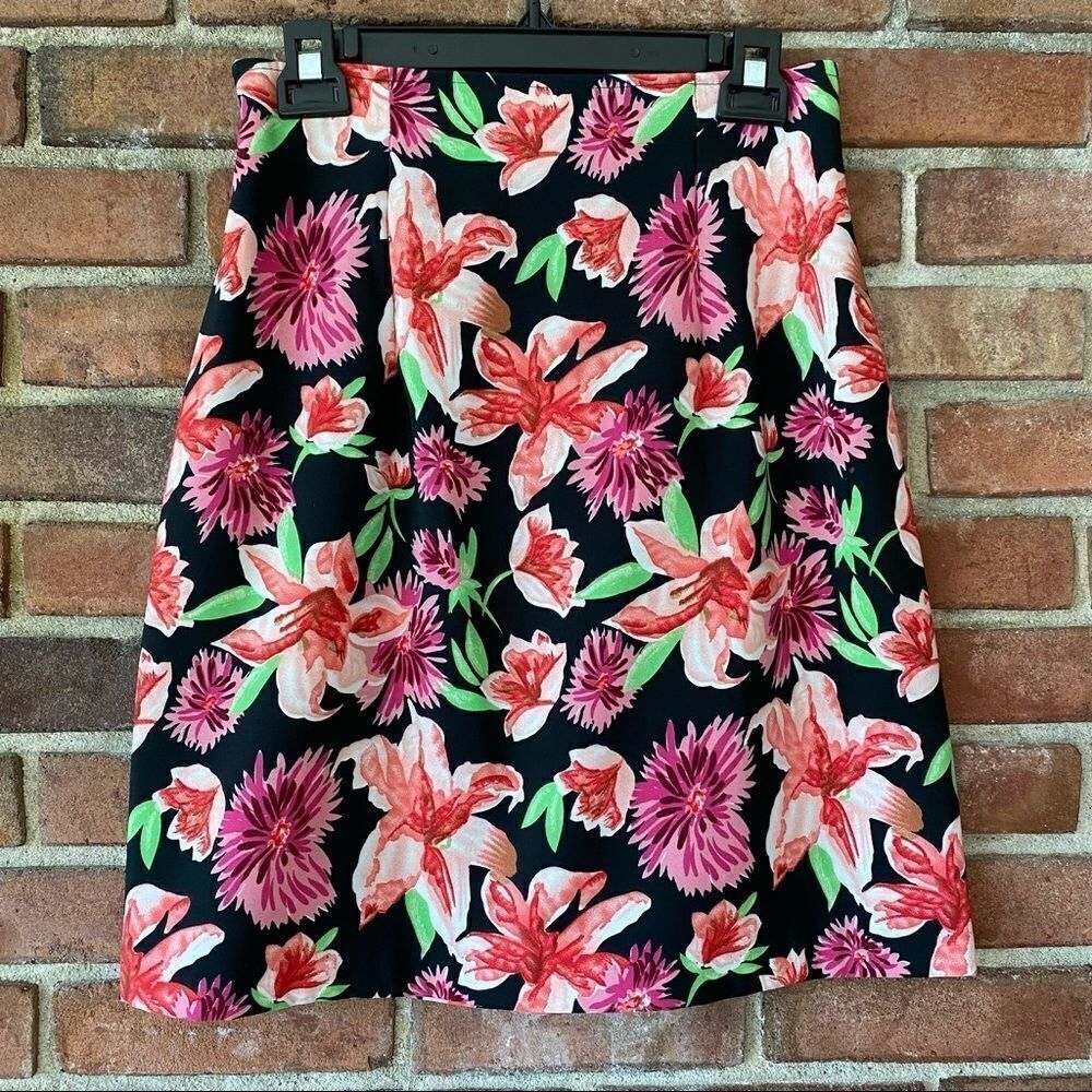 Black, Pink, and Green Vibrant Floral Print A-Line Skirt w/ Zipper and Elastic